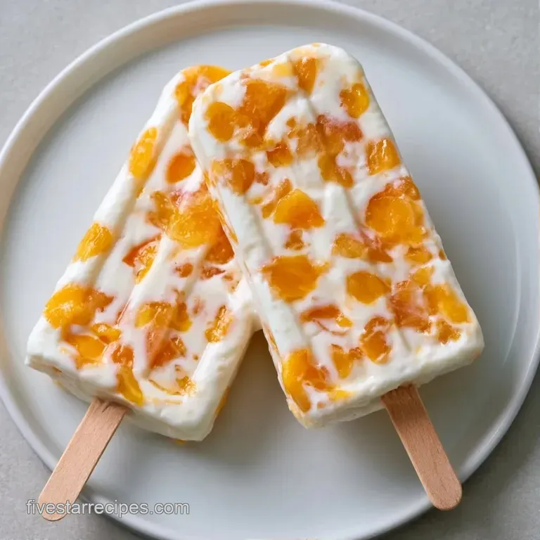 Three pastel orange frozen treats arranged on a white marble slab, garnished with fresh mint and sliced peaches.