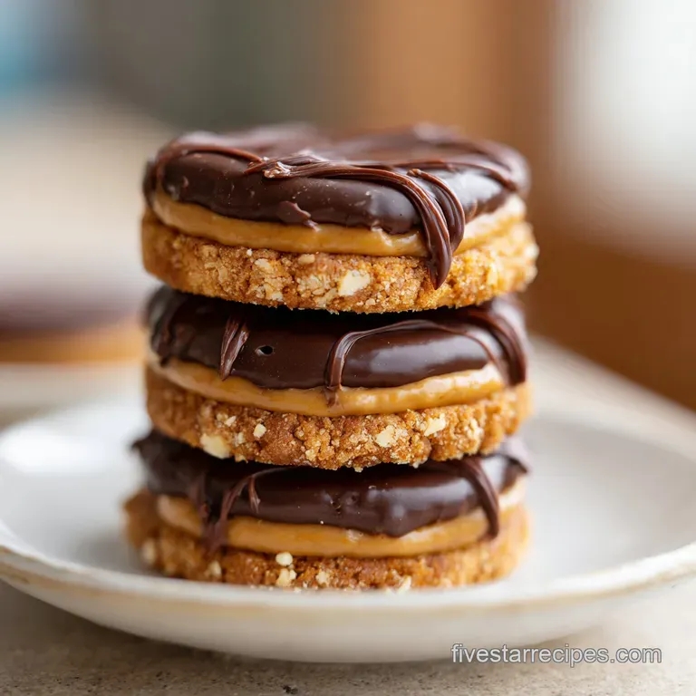 A stack of warm peanut butter cup cookies on a rustic wooden board, hints of melted chocolate, ready to be devoured.