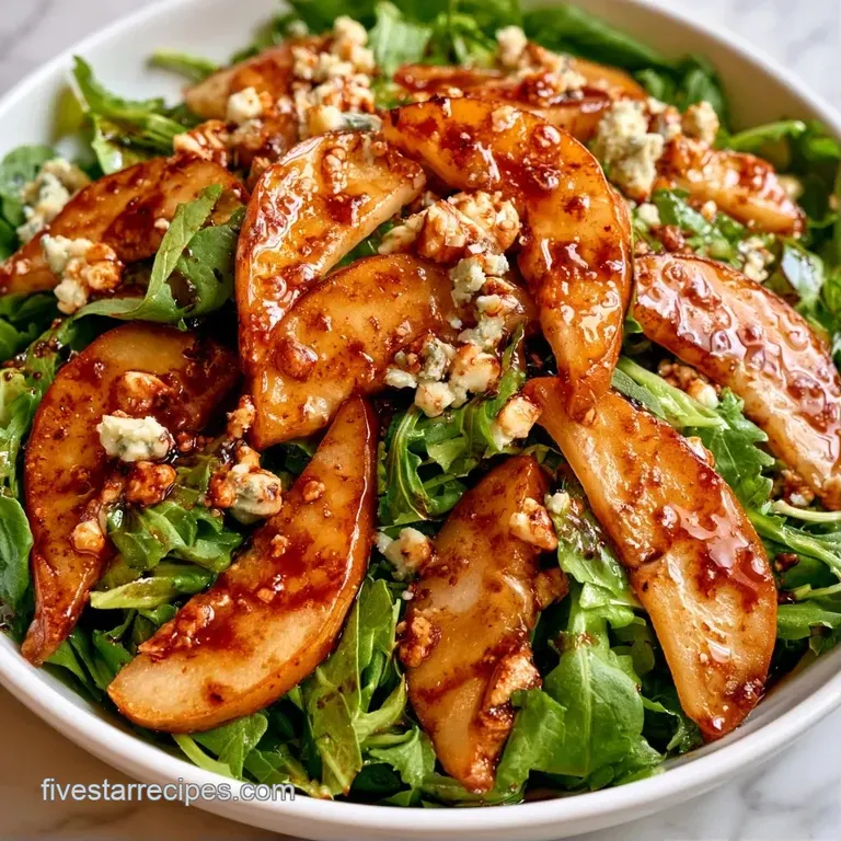 Slices of pale pear and creamy blue cheese crumbles arranged over dark leafy greens on a white ceramic platter.