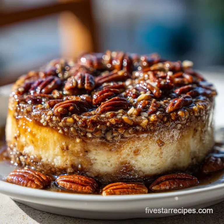 Slice of pecan pie cheesecake on a plate: buttery crust, rich filling, drizzled caramel, and pecan halves. Decadent dessert.