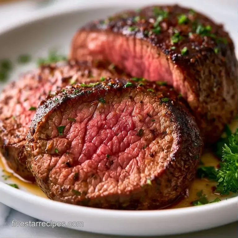Perfectly seared beef medallions drizzled with glossy brown butter sauce and garnished with fresh thyme sprigs.