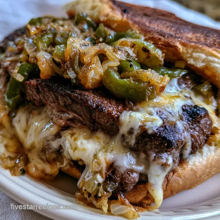 Toasted long roll filled with juicy browned beef and melted cheese on a wooden board with crispy golden fries.