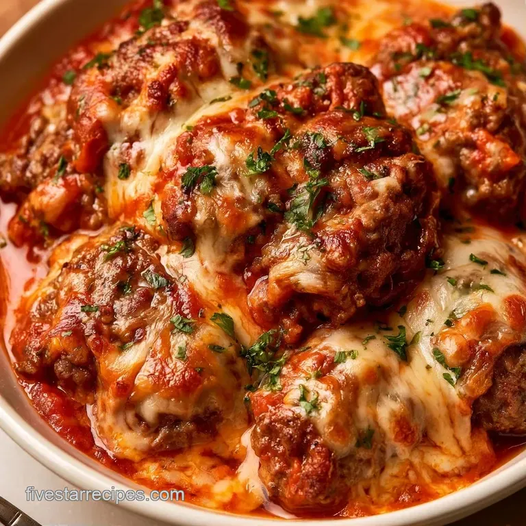 Two pizza burgers on a white plate, cheese stretching in golden strands and red sauce peeking from toasted muffin edges