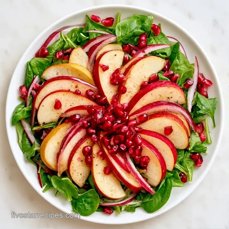 Fresh mixed greens topped with ruby-red pomegranate seeds and crumbled white cheese in an elegant white bowl.