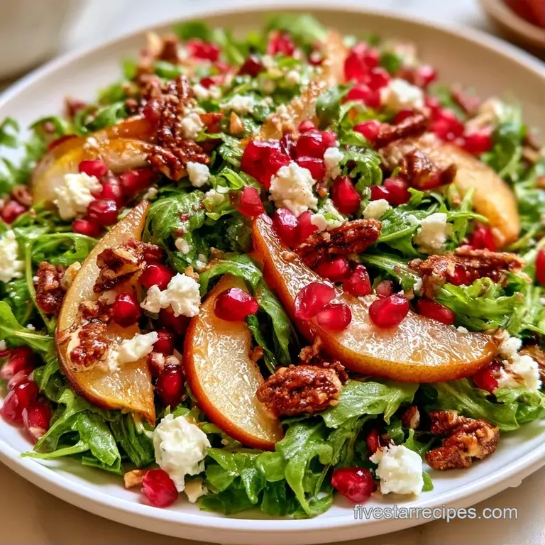 Elegant white bowl of mixed greens topped with creamy white cheese crumbles and glistening ruby-red pomegranate.