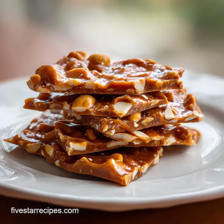 Pieces of golden peanut brittle artfully arranged on a slate board. Textures of smooth candy and rough peanuts contrast.