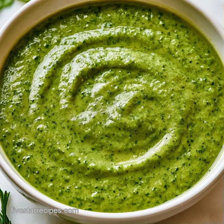 Glossy, dark green sauce drizzled in a swirl over a white plate with vibrant microgreens and toasted seeds.