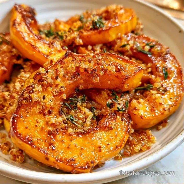 A caramelized orange squash bowl filled with savory grains, garnished with fresh parsley on a matte white plate.