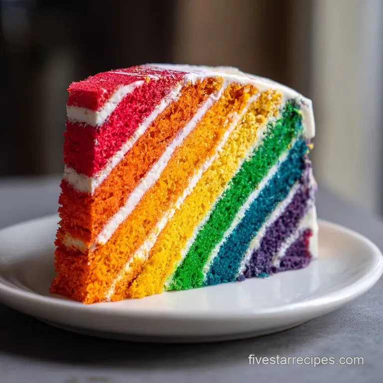 Slice of rainbow cake on a white plate with a fork. Each layer distinct color, creamy frosting, and some berries as garnish.
