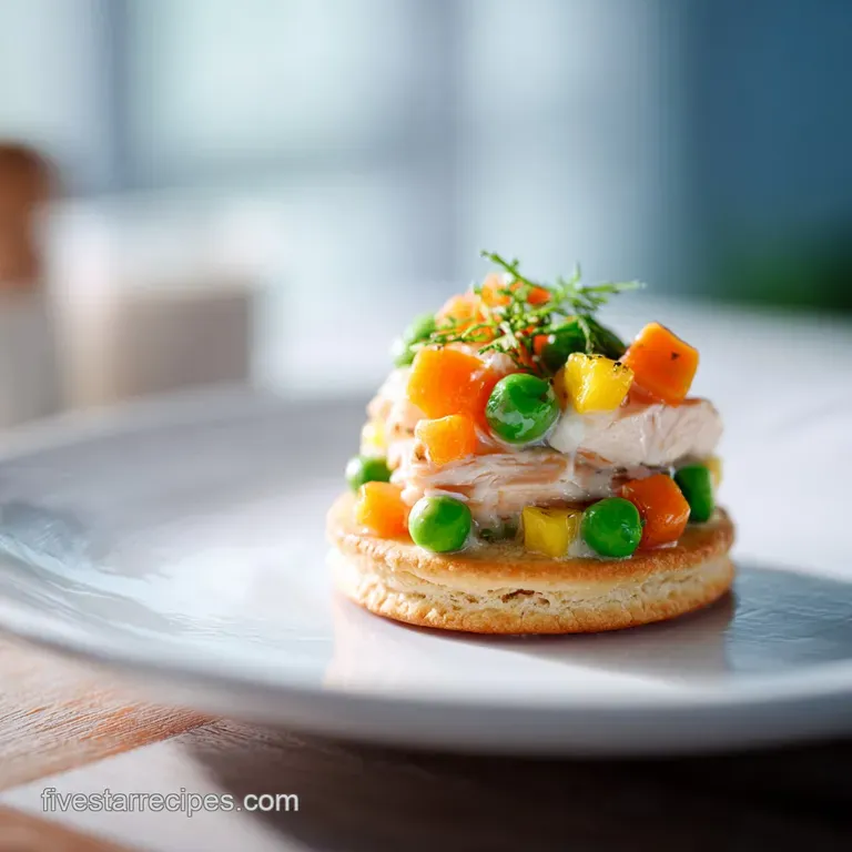 A scoop of thick creamy chicken pot pie topped with a buttery biscuit on a white plate, garnished with parsley.