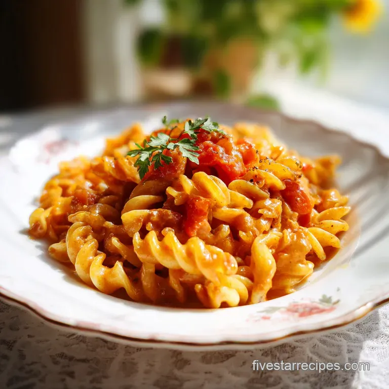 A serving of Johnny Marzetti with a sprinkle of parsley. Shiny, rich tomato sauce coats the noodles and beef in the bowl.