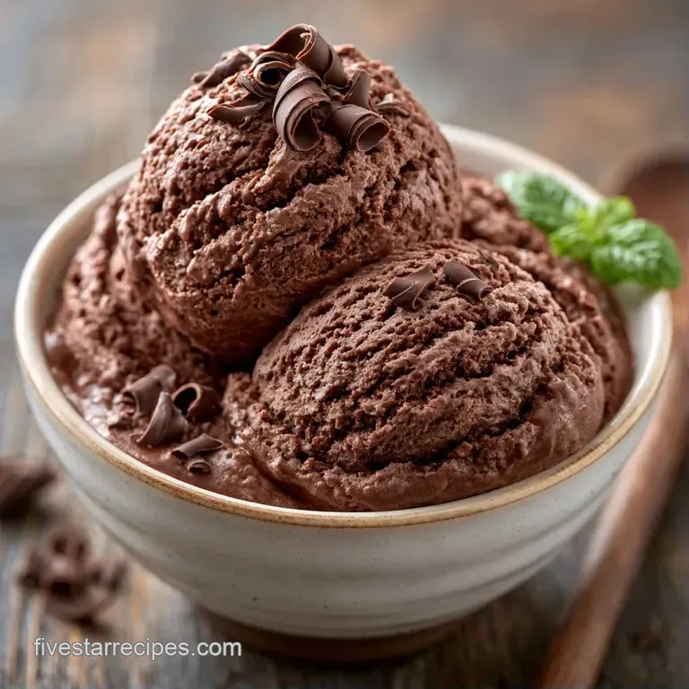 Elegant scoops of deep brown frozen dessert in a crystal bowl, garnished with delicate dark chocolate curls.
