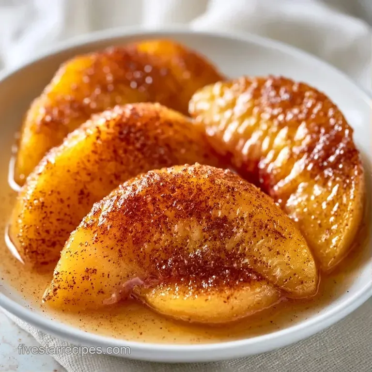 Warm sliced peaches topped with a melting scoop of vanilla bean ice cream and a bright, fresh green mint leaf.