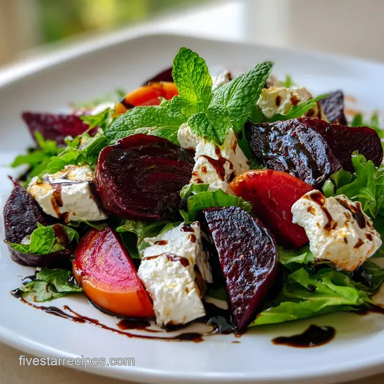 A carefully plated salad with earthy beets, snowy goat cheese, and peppery greens, topped with toasted nuts on a white plate.