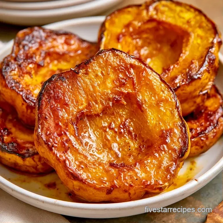 Vibrant orange squash wedges arranged on a ceramic plate with a drizzle of syrup and a sprig of fresh rosemary