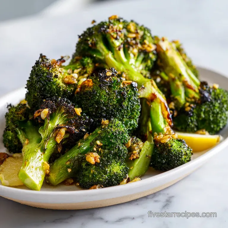 Vibrant green florets with golden-brown tips artfully arranged on a plate with thin lemon slices and cracked pepper.