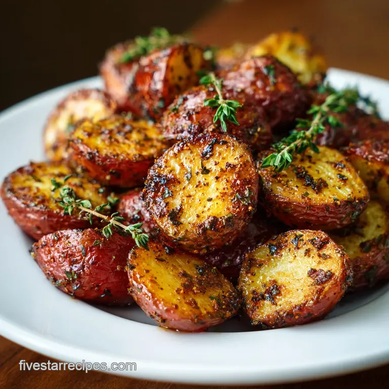 Perfectly browned roasted red potatoes artfully arranged on a white plate, dusted with fresh parsley, ready to be served.