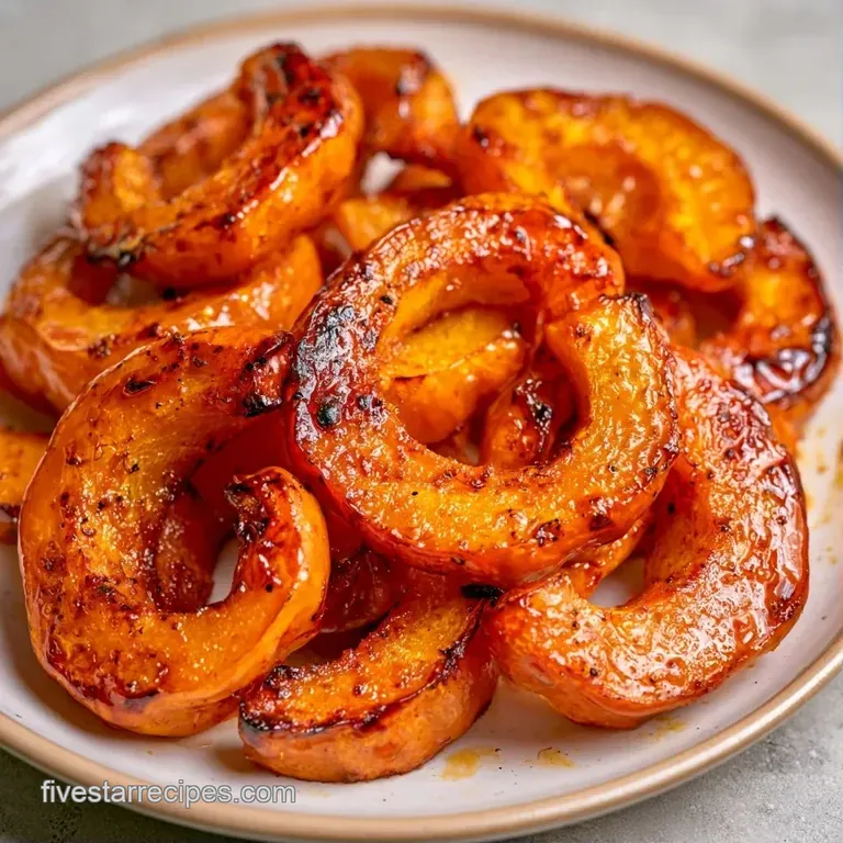 Tender orange squash rings plated elegantly on a slate board with a swirl of maple glaze and fresh herb sprigs.