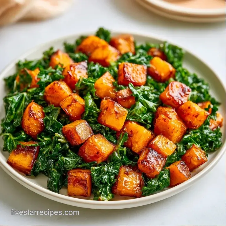 Vibrant roasted squash and kale arranged on a matte gray plate with a drizzle of glossy, dark balsamic glaze.