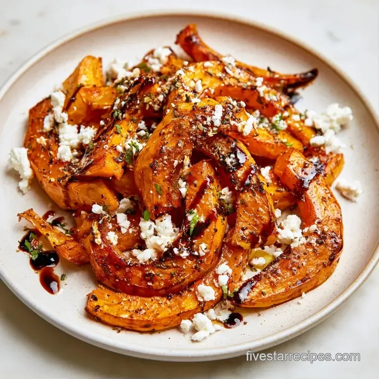 Elegant platter of charred orange squash and crumbled feta accented by bright green arugula and toasted seeds.