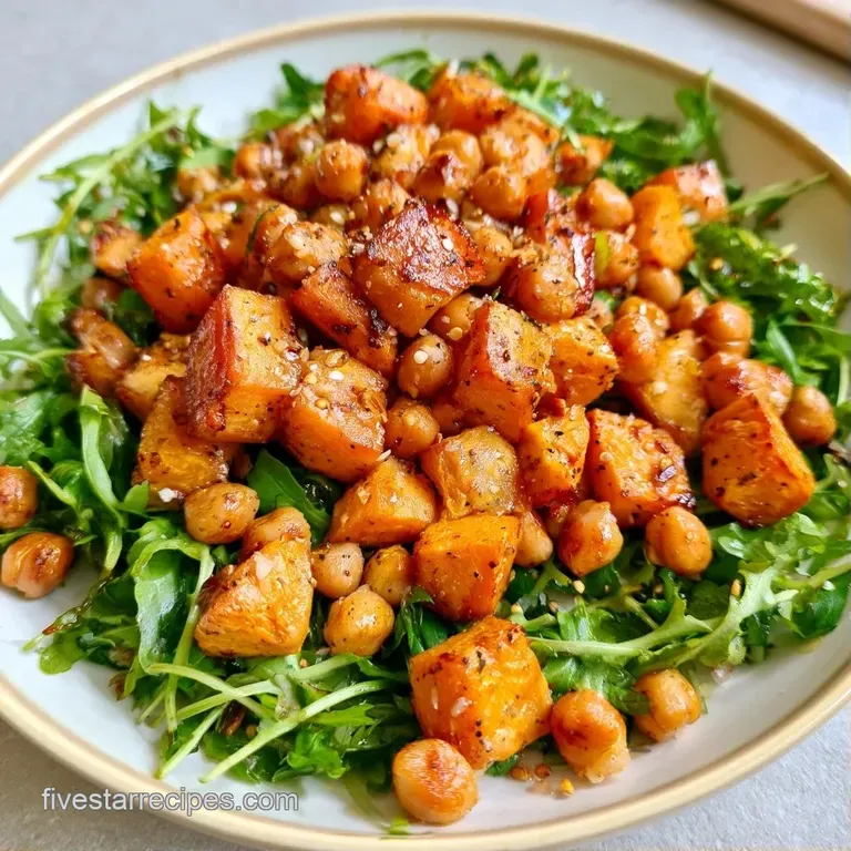 Neatly arranged orange roasted tubers and baby kale on a ceramic plate, topped with toasted walnuts and seeds.