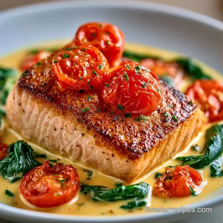 Vibrant orange curry with tender salmon and charred cherry tomatoes served in a shallow bowl with fresh cilantro.