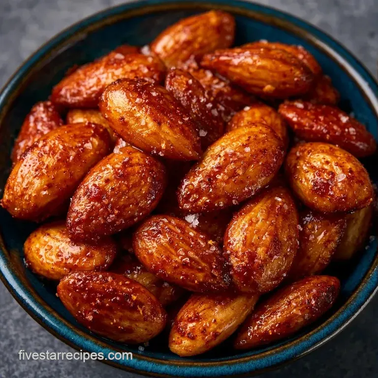 Buttery toasted almonds with sparkling salt crystals in a sleek white ceramic dish on a soft linen napkin.