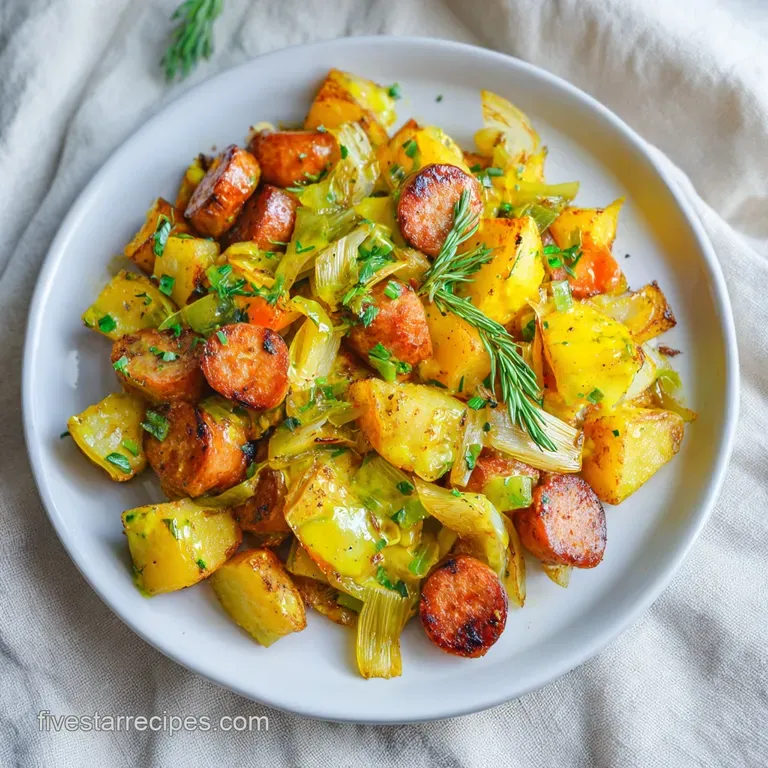 A mound of steaming sausage hash glistens, accented by Dijon mustard, fresh parsley, and a sprinkle of black pepper on a w...