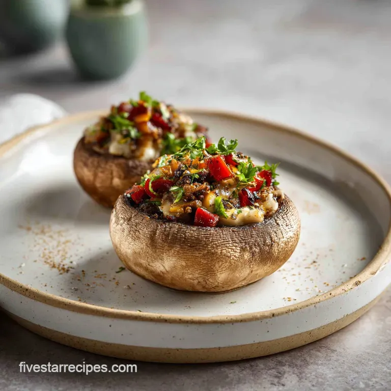 Earthy stuffed mushrooms artfully plated; glistening with oil, herbs, and melted cheese, promising a savory bite.