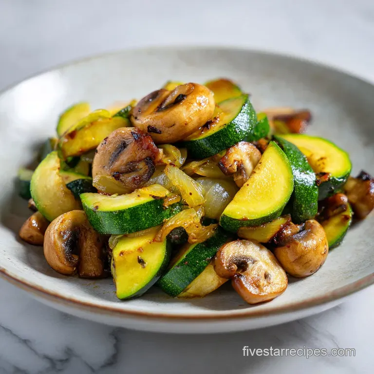 Vibrant green zucchini slices and earthy brown mushrooms neatly arranged on a white ceramic plate with fresh herbs.