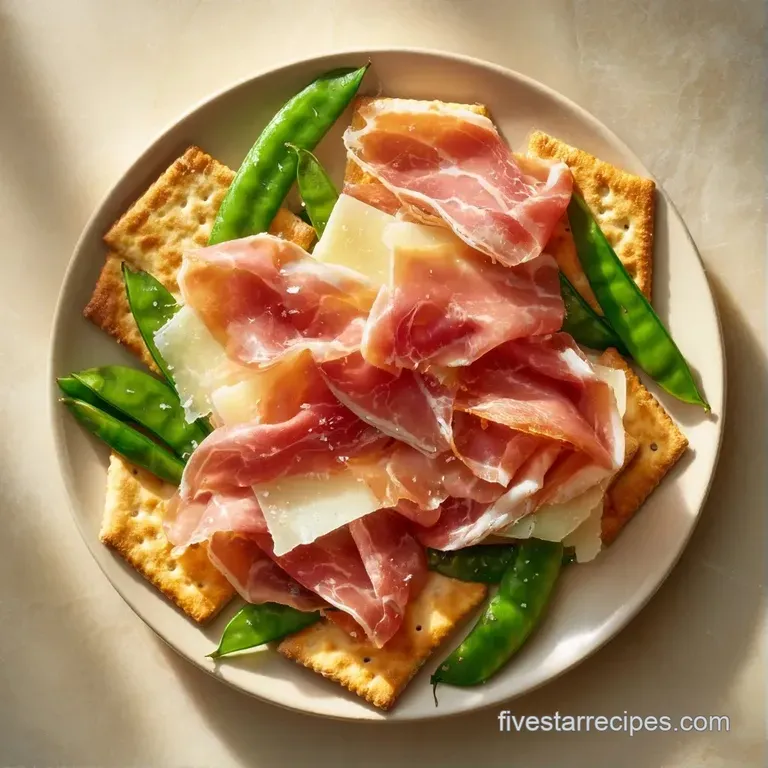 An abundant wooden platter with folded prosciutto, clusters of purple grapes, and gold-hued crackers arranged neatly.