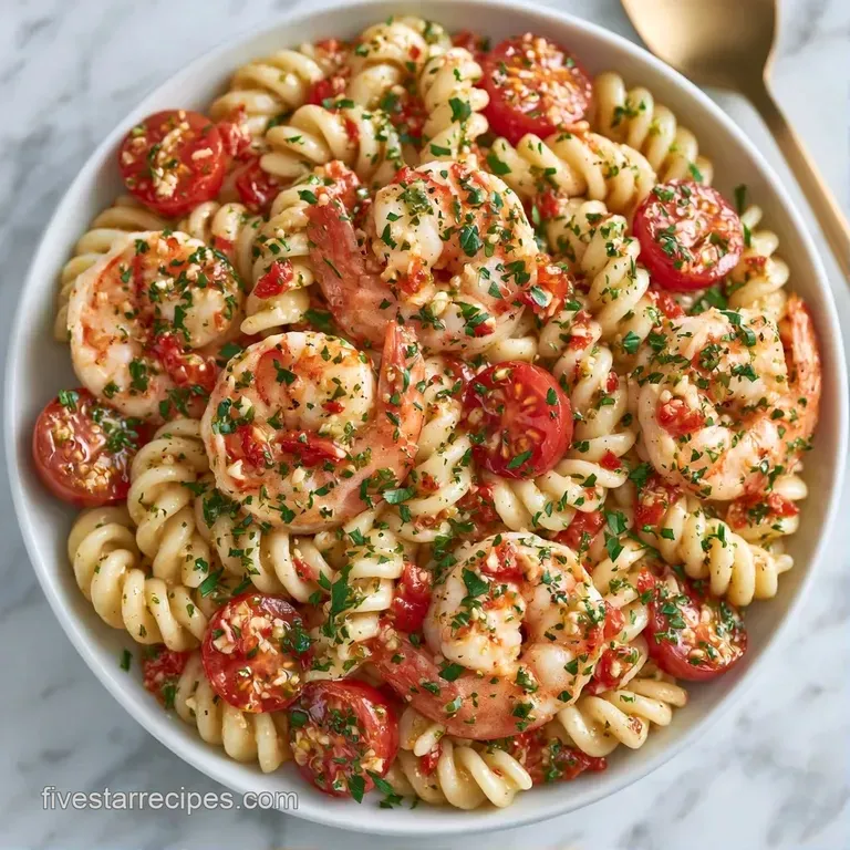 Twirled pasta nests topped with seared pink shrimp and bursting red tomatoes on a white ceramic plate with parsley.