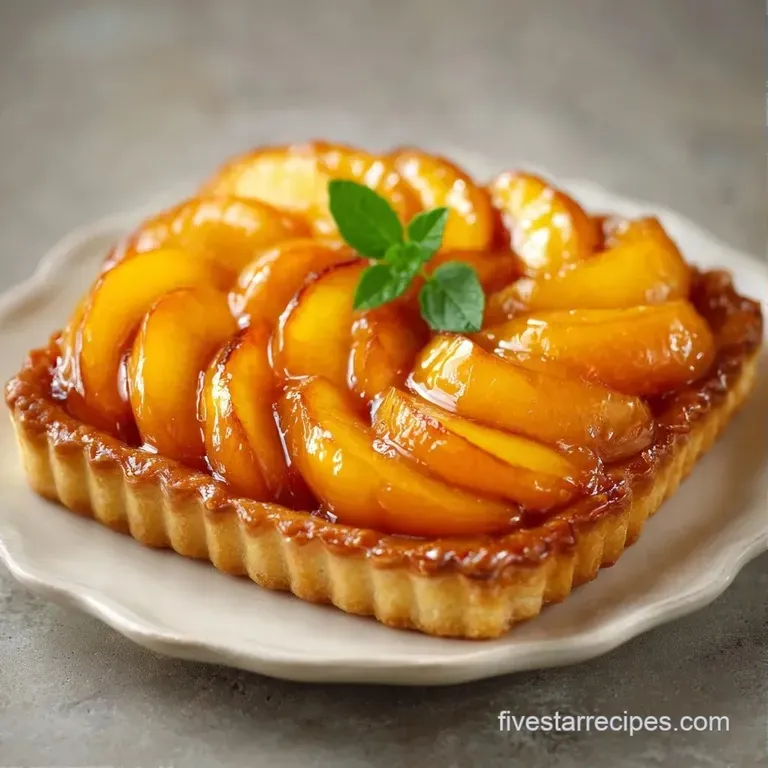 Flaky golden pastry topped with glazed peach slices served on a white plate with a tiny sprig of fresh green mint.