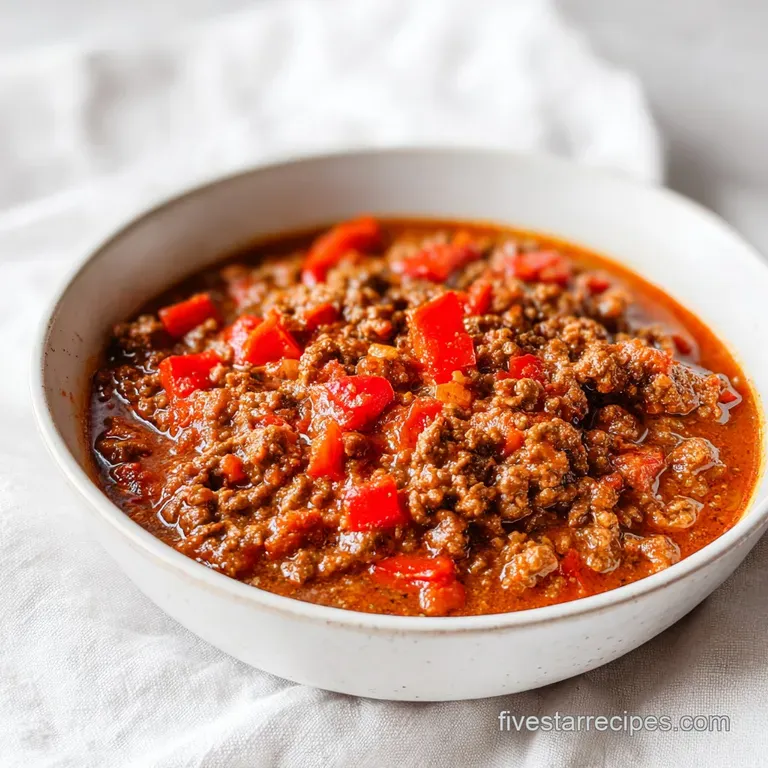 A rustic ceramic bowl of thick stew topped with a dollop of white sour cream and a sprinkle of bright green scallions.