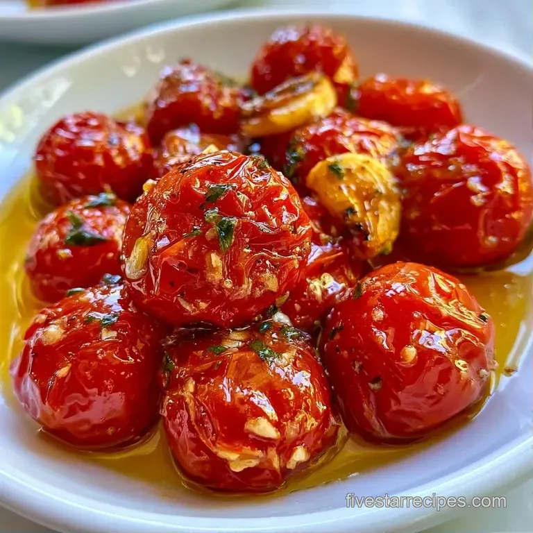 Vibrant red burst tomatoes and toasted garlic cloves served in a rustic skillet with a sprig of fresh green thyme.