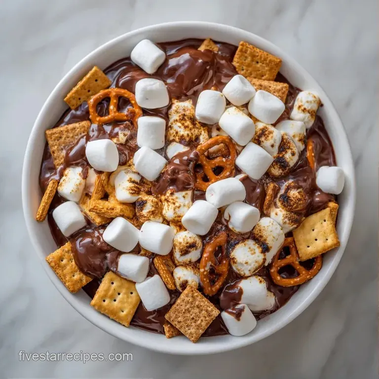 Golden brown crackers and toasted marshmallows arranged artfully on a dark wood board with bowls of melted chocolate.