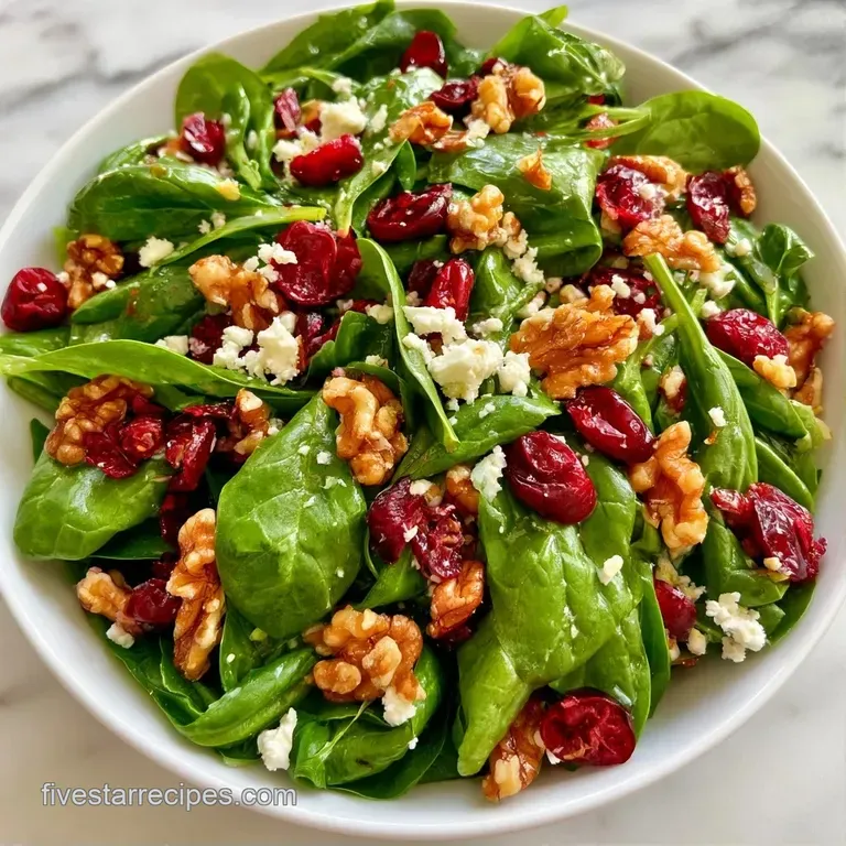 Elegant wooden bowl filled with crisp baby spinach, tart red cranberries, and toasted walnuts under natural light.