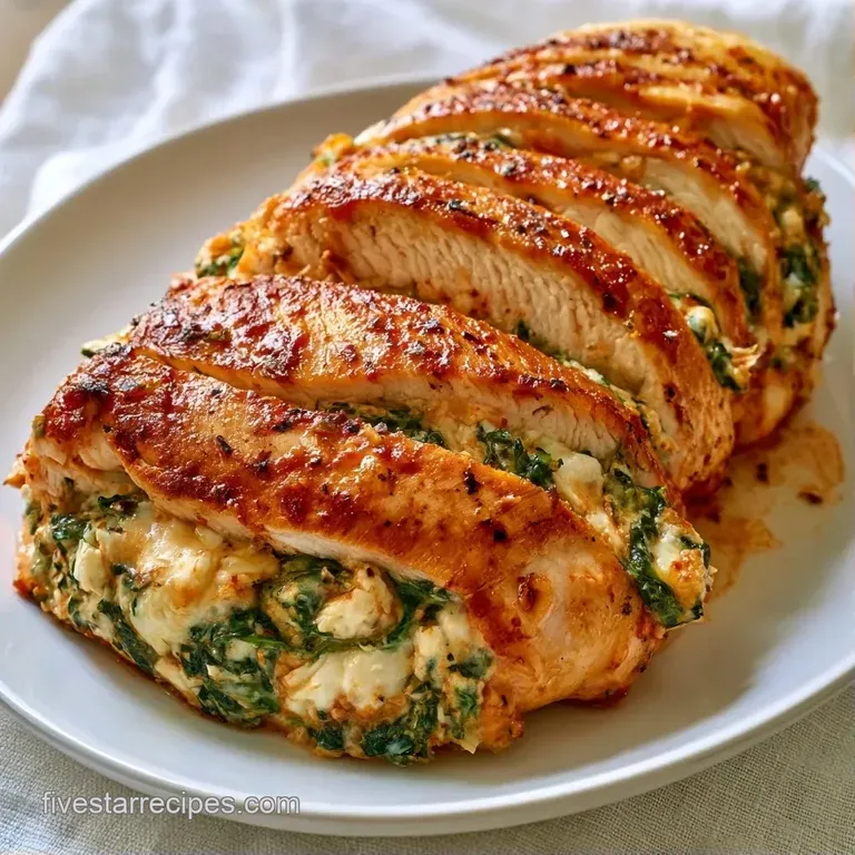 Sliced golden-brown poultry revealing a creamy green center on a white plate with a drizzle of lemon butter sauce.