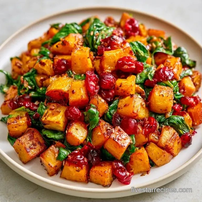 Elegant arrangement of roasted golden squash and vivid green spinach leaves drizzled with a glossy vinaigrette.