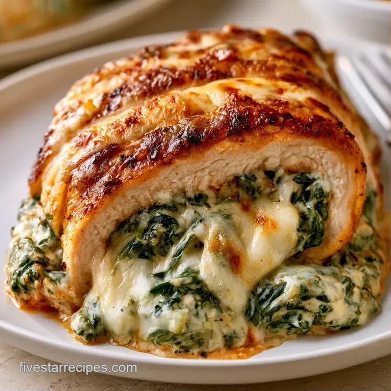 Sliced seared chicken breasts with melted cheese and spinach filling served alongside steamed carrots and asparagus.