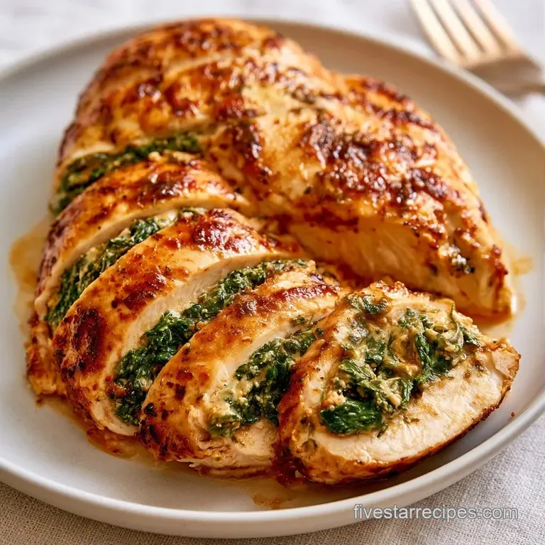 Sliced chicken breasts showing a creamy green center, plated on a dark slate with a lemon wedge and parsley.
