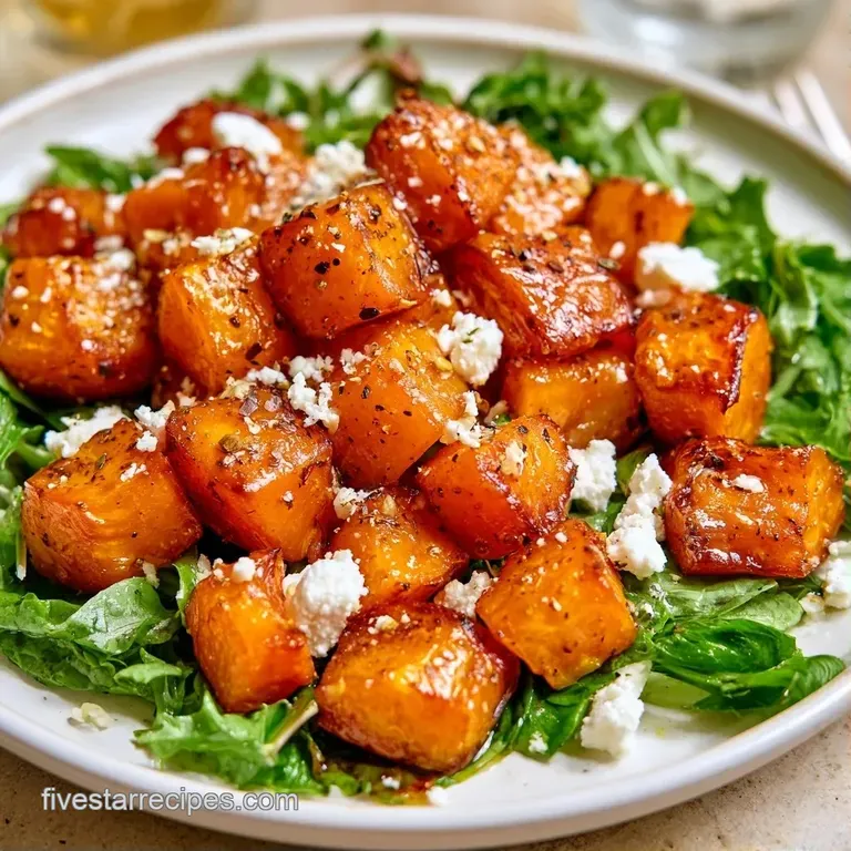 Artfully plated roasted orange squash and white goat cheese on a white ceramic dish with a drizzle of glossy dressing.