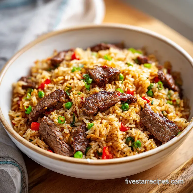 Perfectly molded brown rice topped with tender steak slices and fresh scallions on a minimalist white plate.