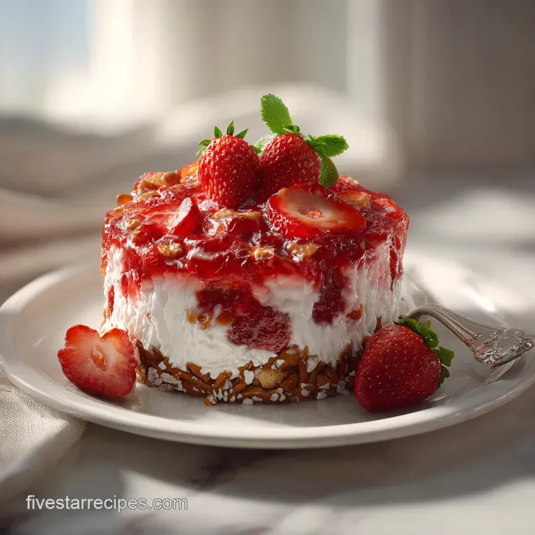 A neat slice of strawberry pretzel salad, showcasing layers of fruit, cream, and crumb on a white plate.