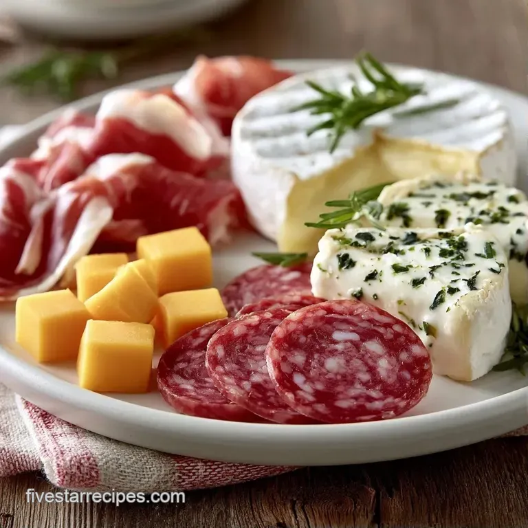 An artistic arrangement of cured meats and artisanal cheeses accented by bright berries and fresh rosemary sprigs.