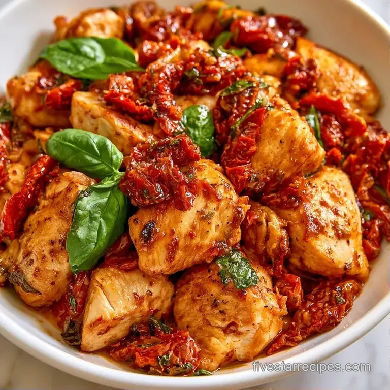 Sliced seared chicken on a white platter, drizzled with a creamy red sauce and garnished with aromatic basil sprigs.
