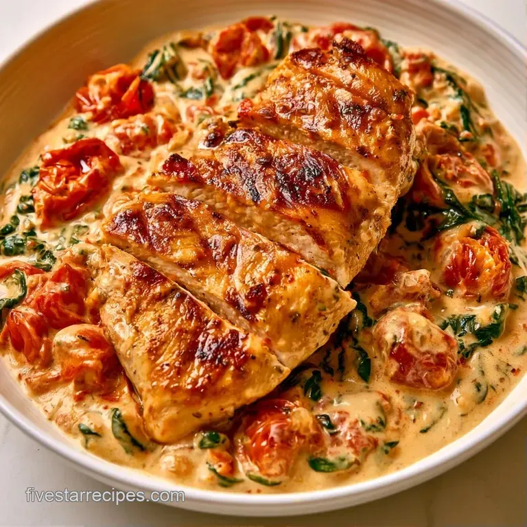 Neatly sliced chicken breast over a pool of creamy tomato sauce, accented by shriveled red tomatoes and basil leaves.