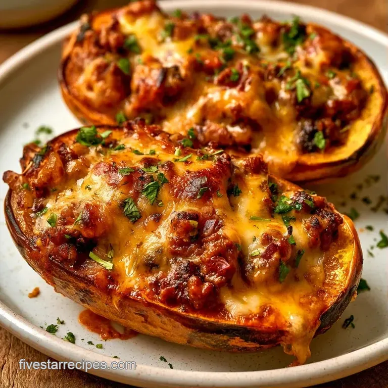 Roasted orange squash bowls filled with savory beef and colorful toppings served on a slate grey dining platter.