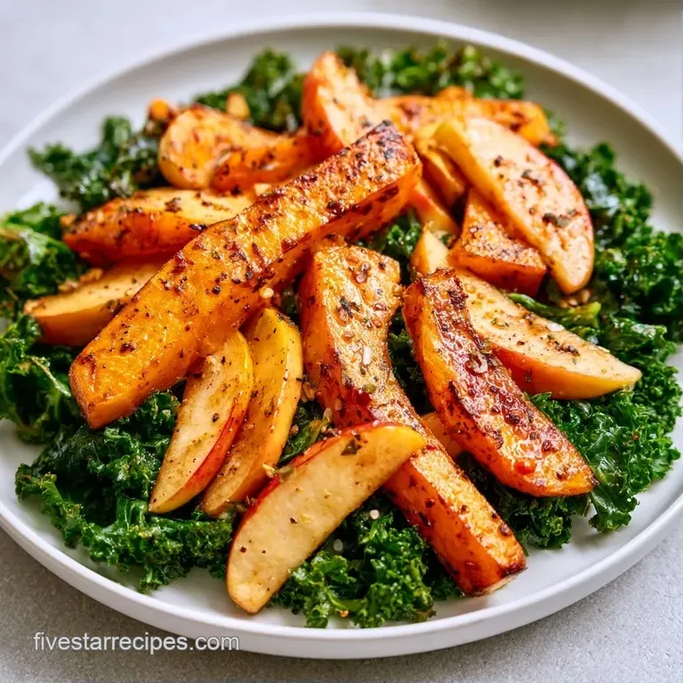 Vibrant autumn greens and sliced pears elegantly arranged in a white ceramic bowl with a glossy cider vinaigrette.