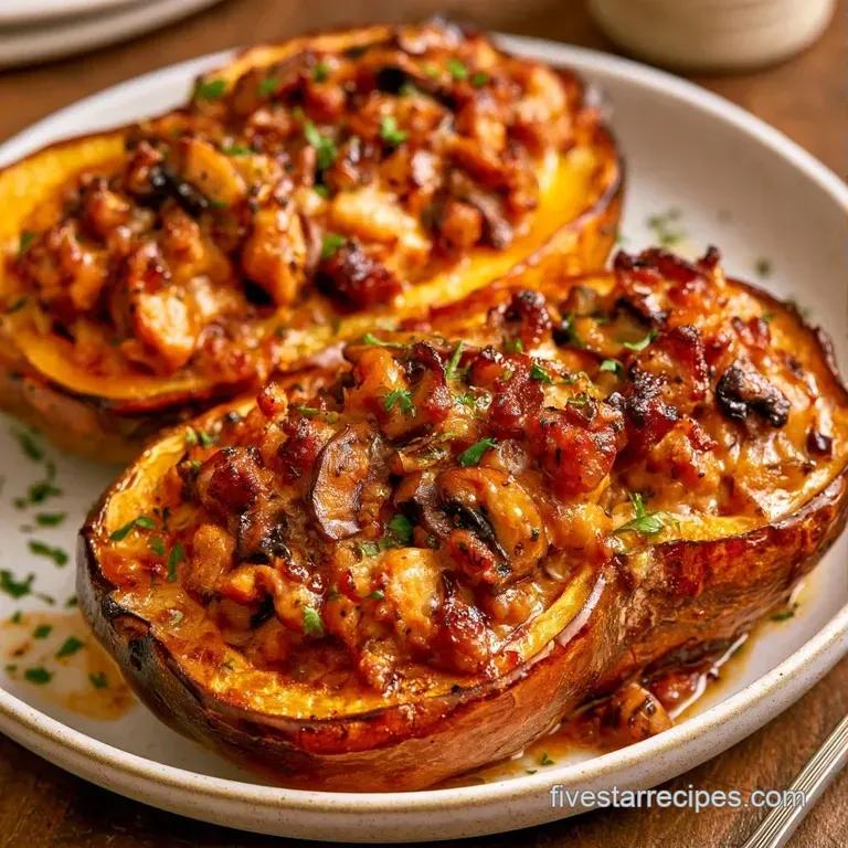 Two halved orange squashes filled with savory meat, garnished with herbs and served on a slate serving board